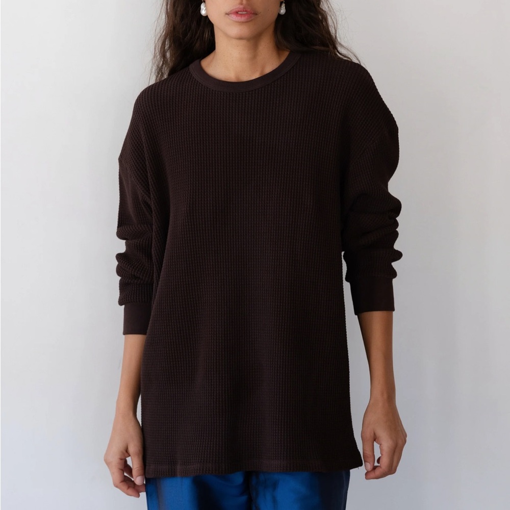 DONNI. Long Sleeve Waffle Knit Top - Dark Brown